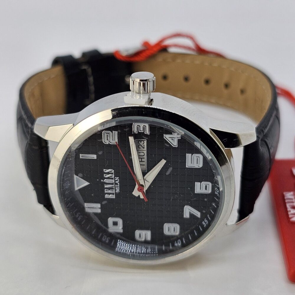 Benoss Milan 38MM Men's Watch Black Dial Day Date Indicator Black Leather‎ Bands